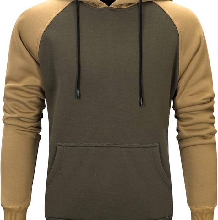 Men’s Two-Tone Pullover Hoodie – Olive Green & Khaki Colorblock Sweatshirt with Kangaroo Pocket