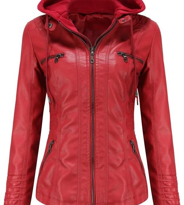 Women’s Stylish Red Faux Leather Jacket with Hood & Zipper Pockets
