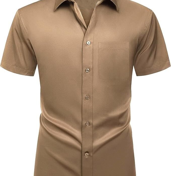 Mens Short Sleeve Dress Shirts Wrinkle Free Solid Casual Button Down Shirts with Pocket