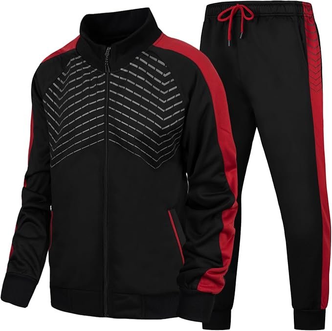 Men's 2 Piece Athletic Tracksuit Full-Zip Sweat Suit Jogging Outfit with Contrast Red Stripe Jacket and Pants