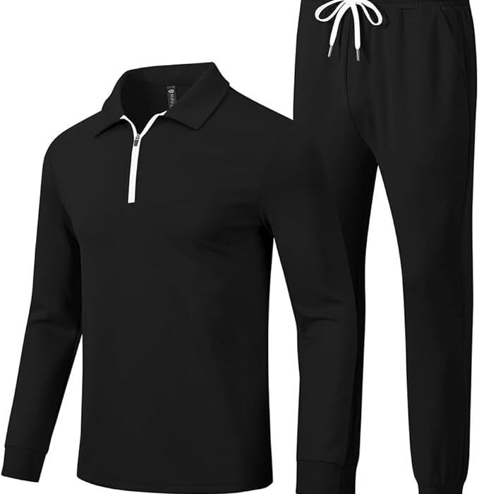 Men's 2 Piece Slim Fit Tracksuit Outfit Half-Zip Sports Training Sweat Suit with Black Jacket and Jogger Pants