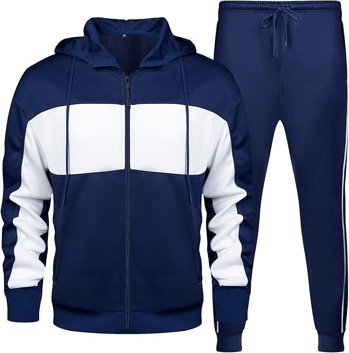 Men's 2 Piece Hoodie Tracksuit Set Casual Workout Jogger Sweat Suit with Contrast Navy and White Panel Jacket