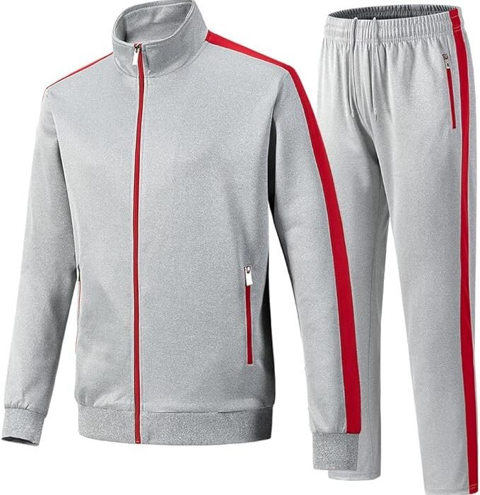 Men's Full-Zip 2 Piece Tracksuit Outfit Sports Jogging Sweat Suit with Contrast Red Stripe Jacket and Pants